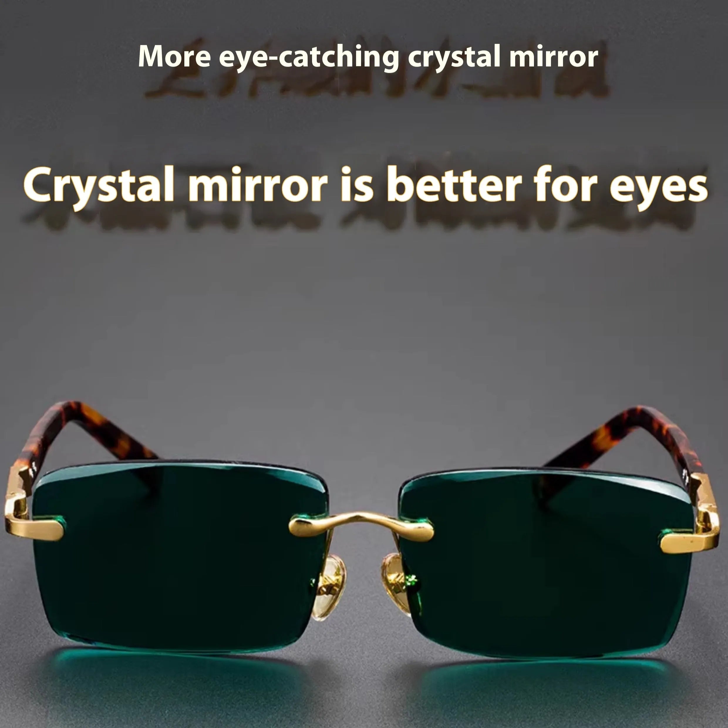 Dark green frameless sunshade glasses with protective case and lens cloth