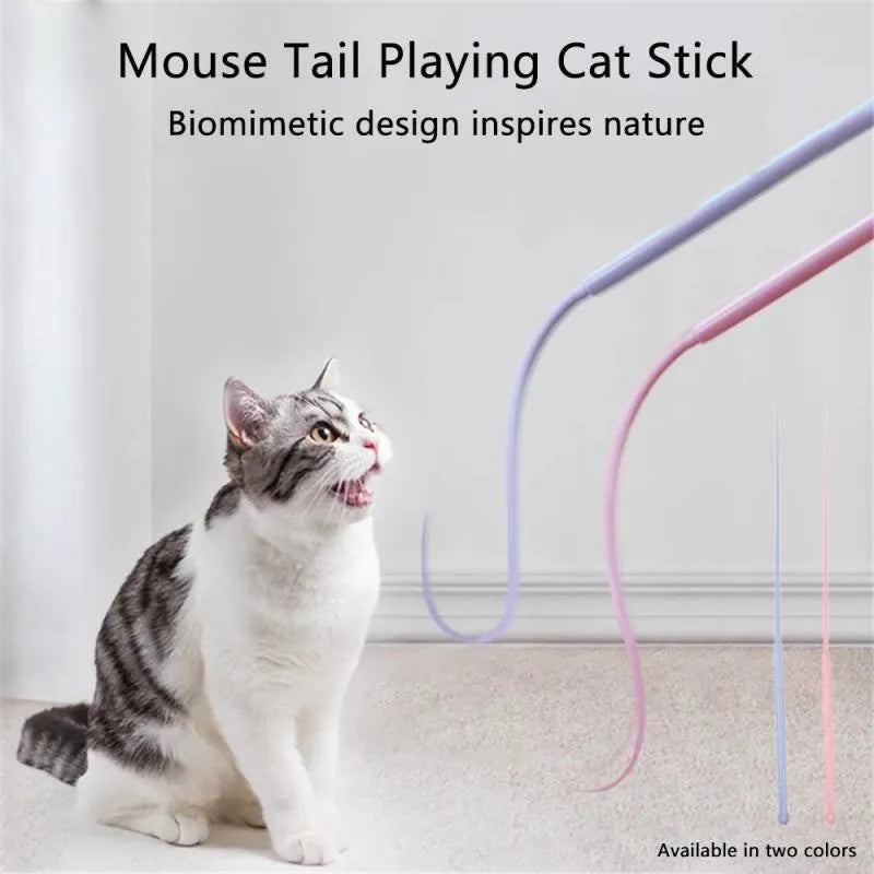Blue silicone mouse tail cat teaser toy with 80cm stick and cat-head handle