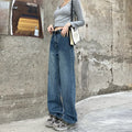 Women's high waist straight leg jeans in retro blue cotton denim fabric