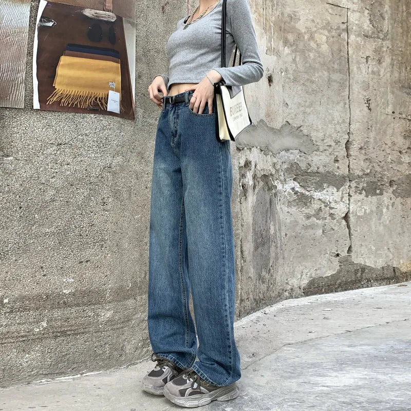 Women's high waist straight leg jeans in retro blue cotton denim fabric