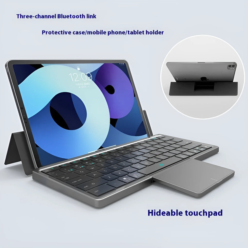 Three-in-one wireless Bluetooth keyboard with touch pad inside a leather sheath stand, shown next to a tablet.