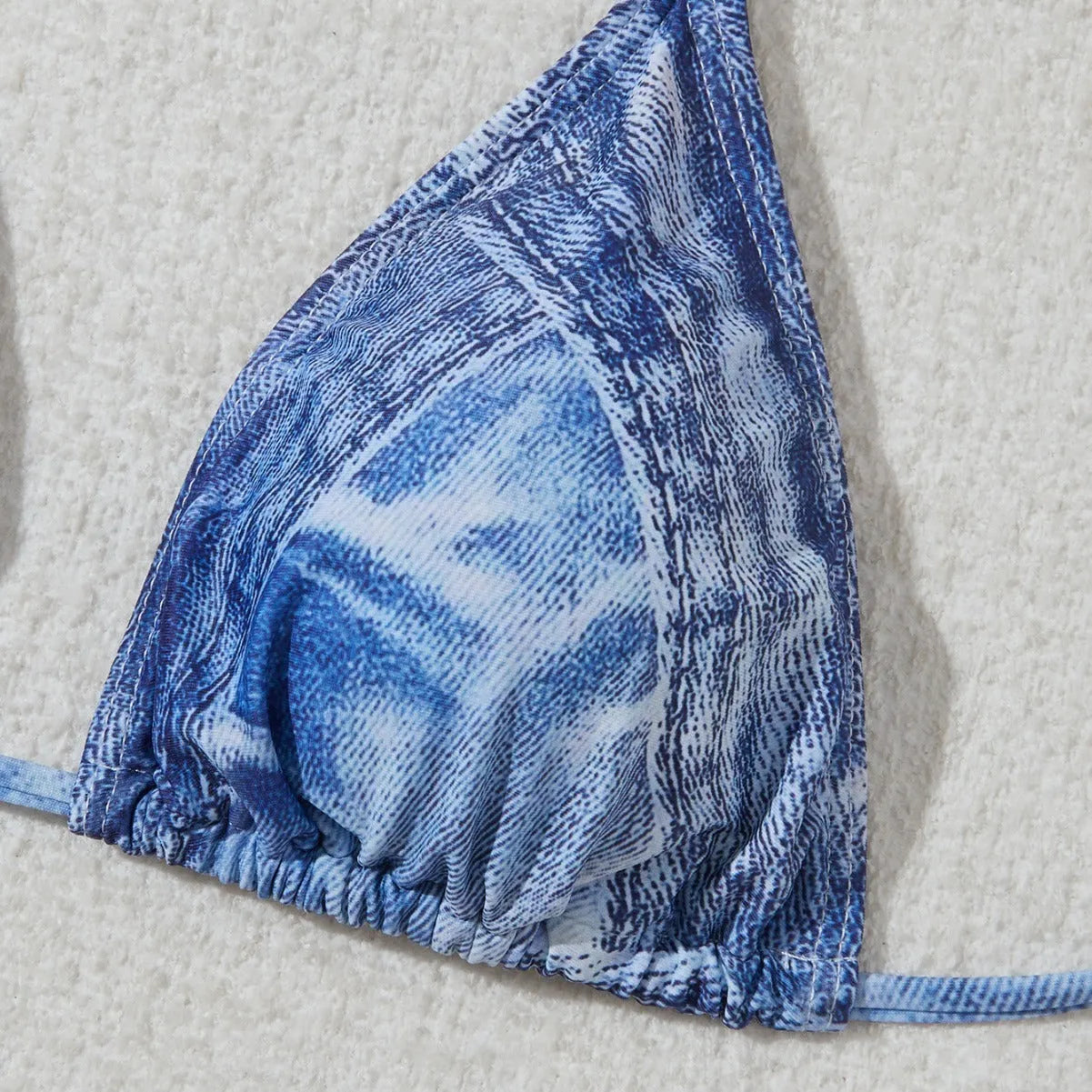 Women's denim blue print bikini set with strap detailing on polyester blend fabric