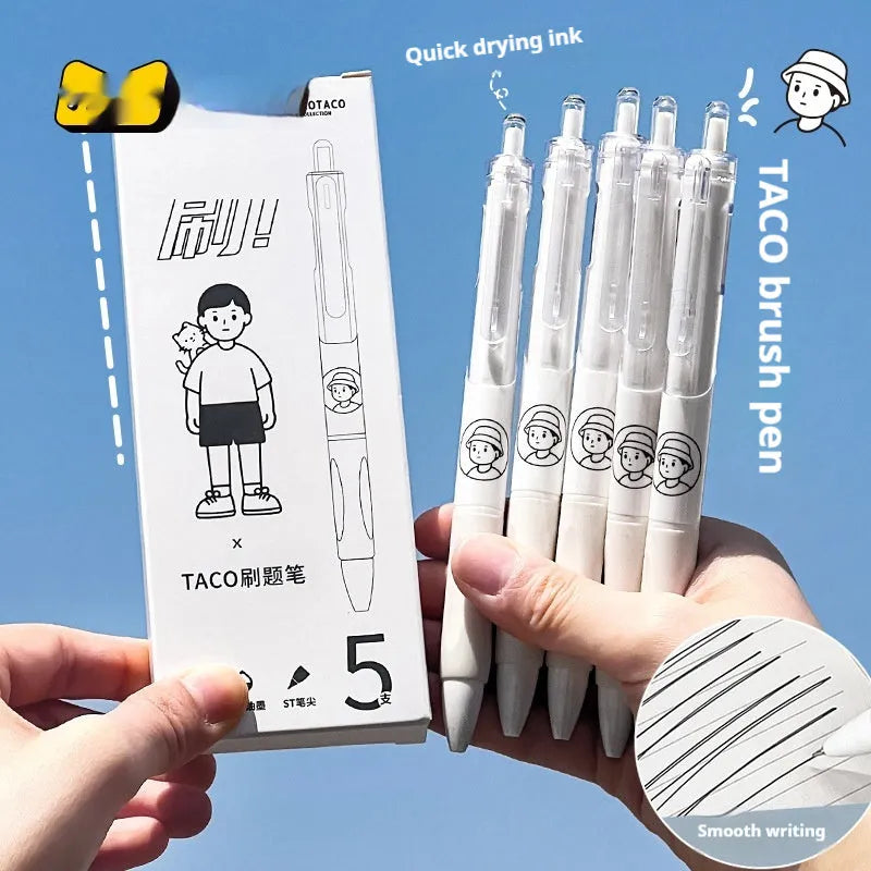 Five white plastic ballpoint pens with 0.5mm black ink nibs arranged together