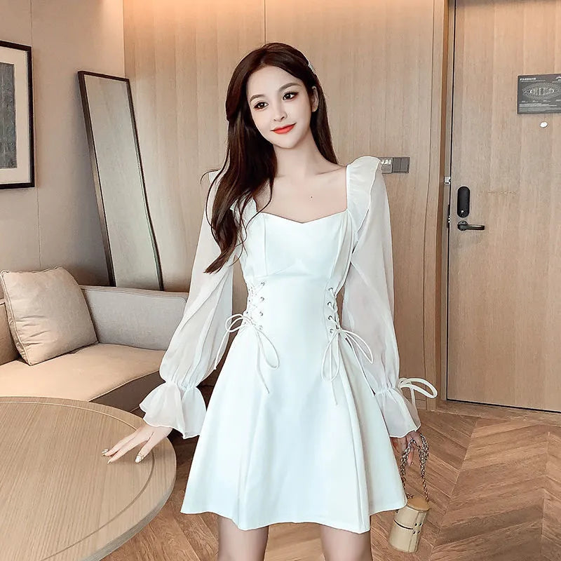 White chiffon patchwork women's dress with waist-slimming design and long sleeves