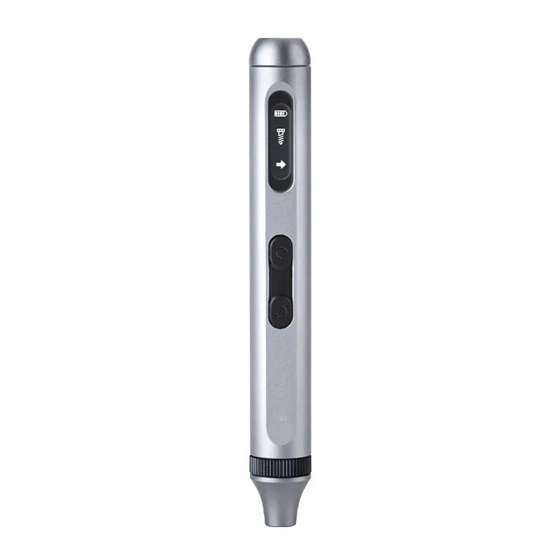 Compact aluminium handled precision electric screwdriver on a workbench.