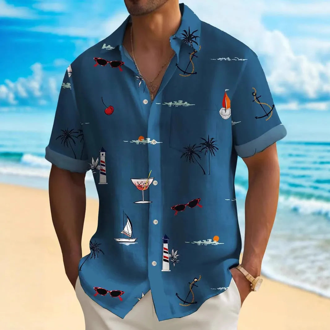 Men's loose-fit Hawaiian shirt with colourful digital print pattern on polyester fabric.