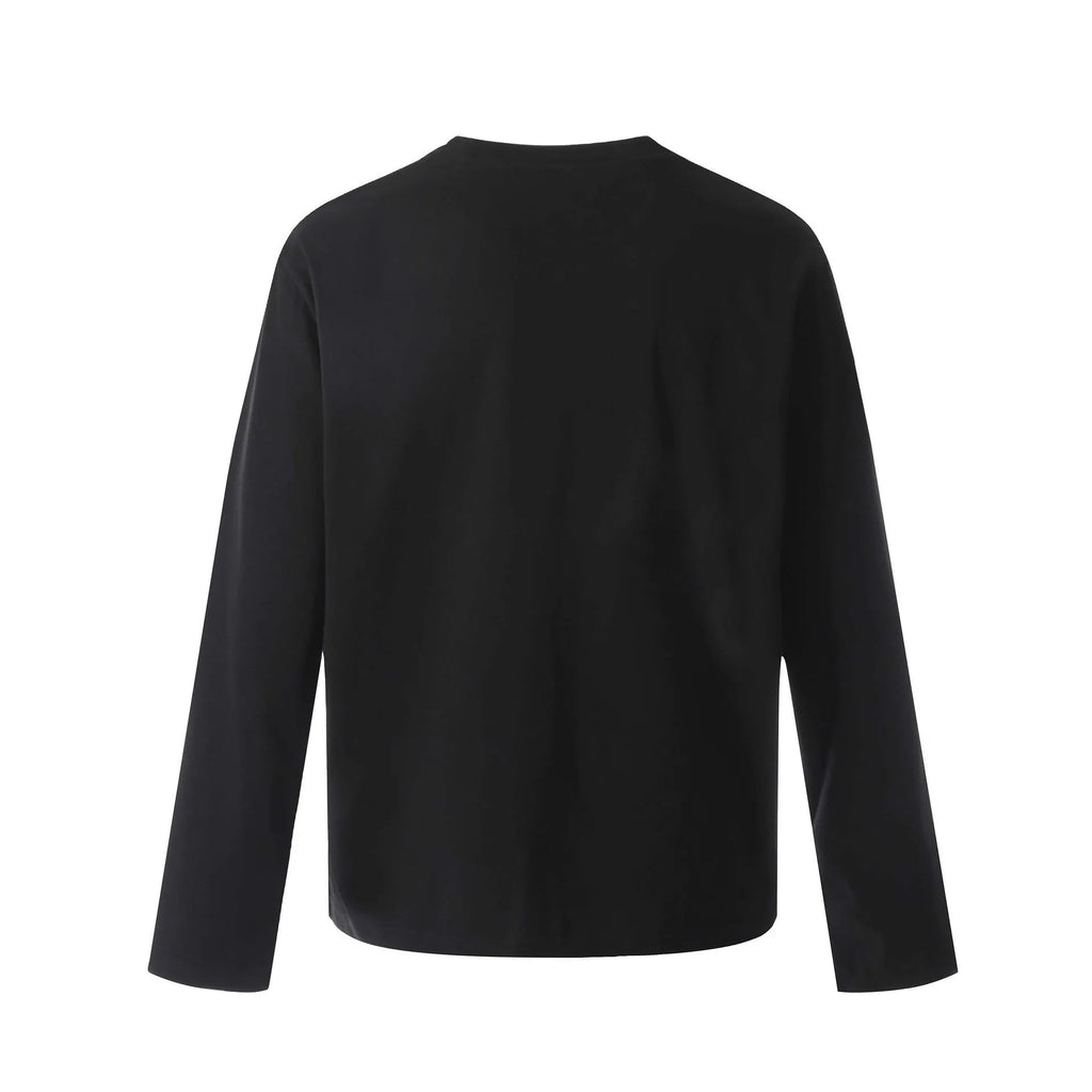 Men's black loose fit cotton long sleeve pullover on a hanger, casual retro style