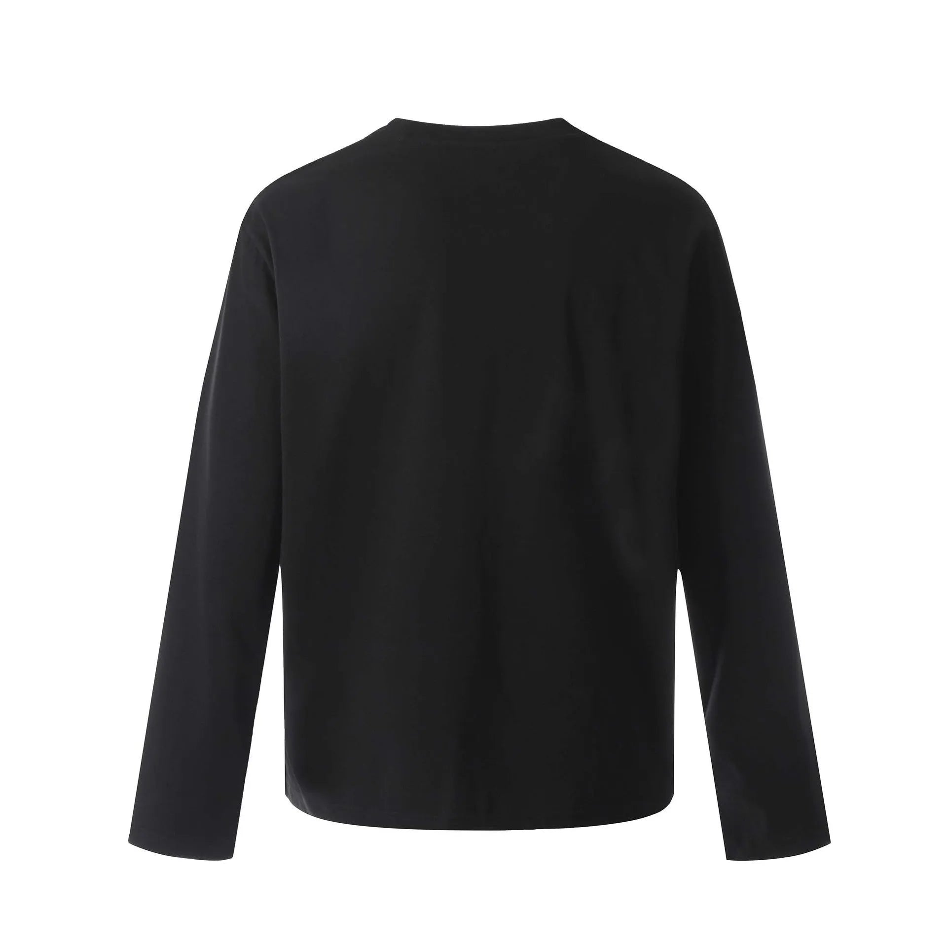 Men's black loose fit cotton long sleeve pullover on a hanger, casual retro style