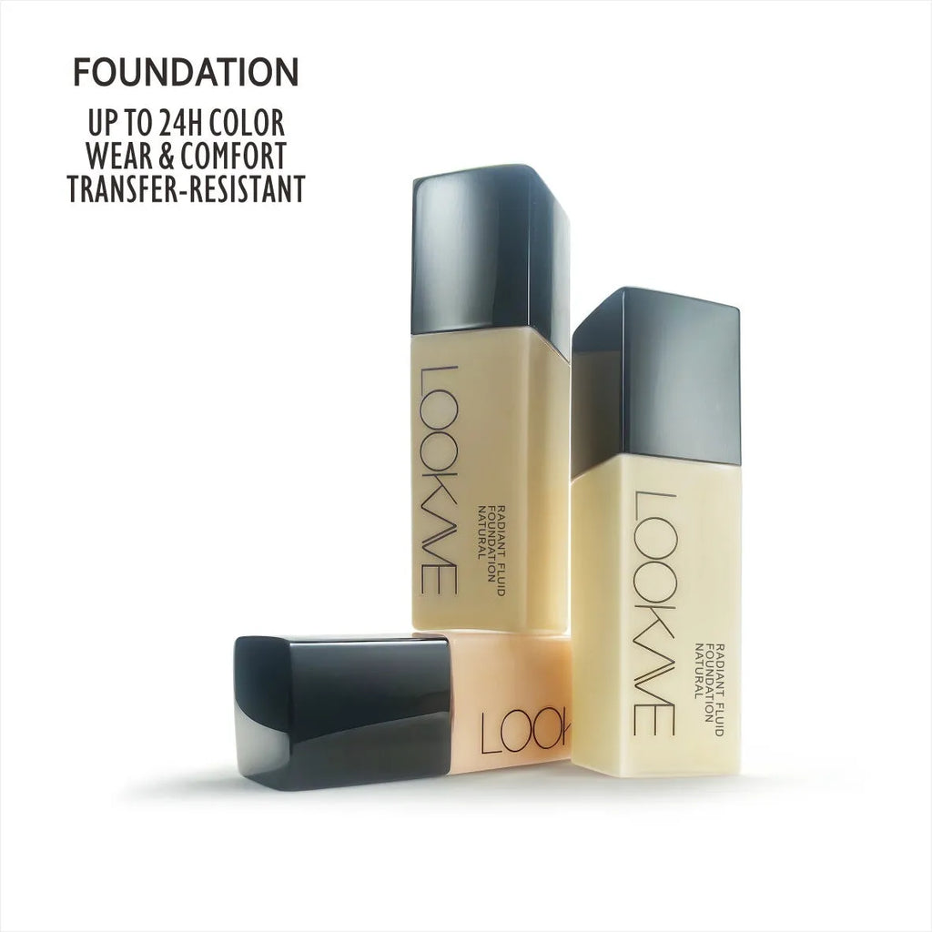 LOOKAVE Matte Liquid Foundation bottle in six shade options with waterproof and brightening properties