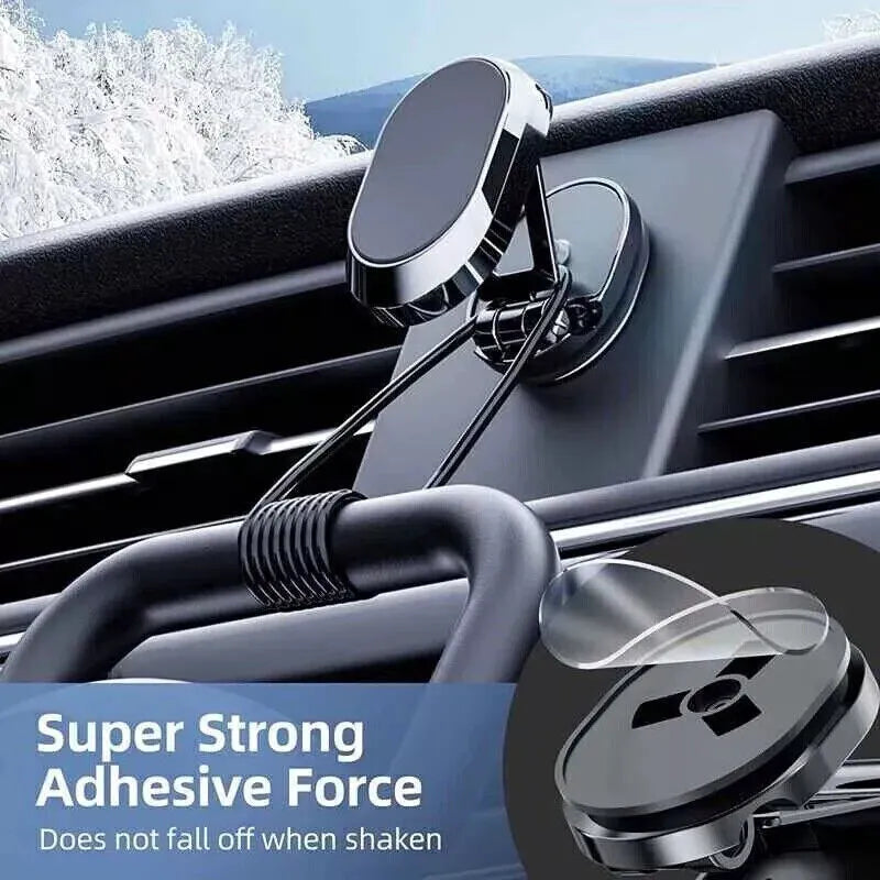 Chrome magnetic car phone holder with folding bracket extended on dashboard
