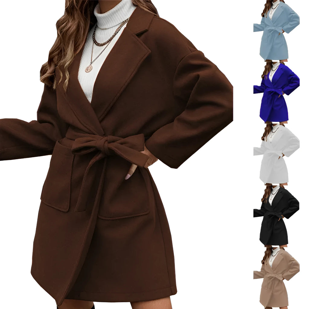 Men's loose fit belted polyester coat with lapel collar and button front in light blue