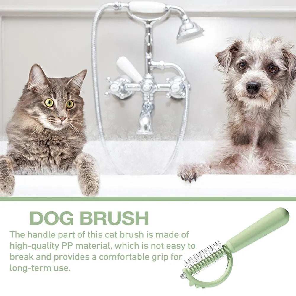 Dinosaur shaped cat brush with stainless steel bristles and self cleaning feature