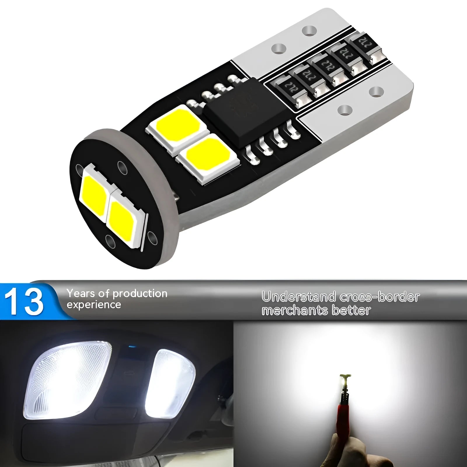 Small 10mm LED car light for license plate illumination, white 6000K light.