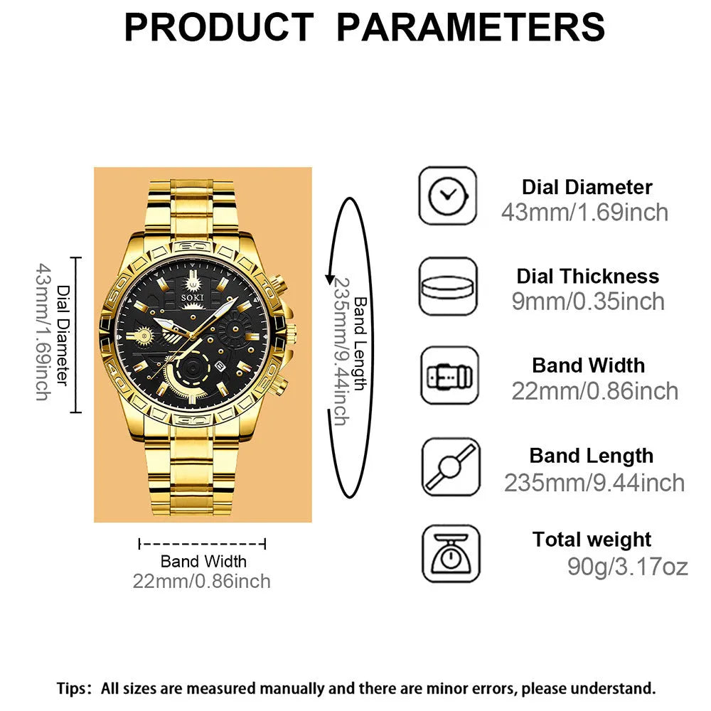 Gold men's business calendar watch with stainless steel strap and spiral crown
