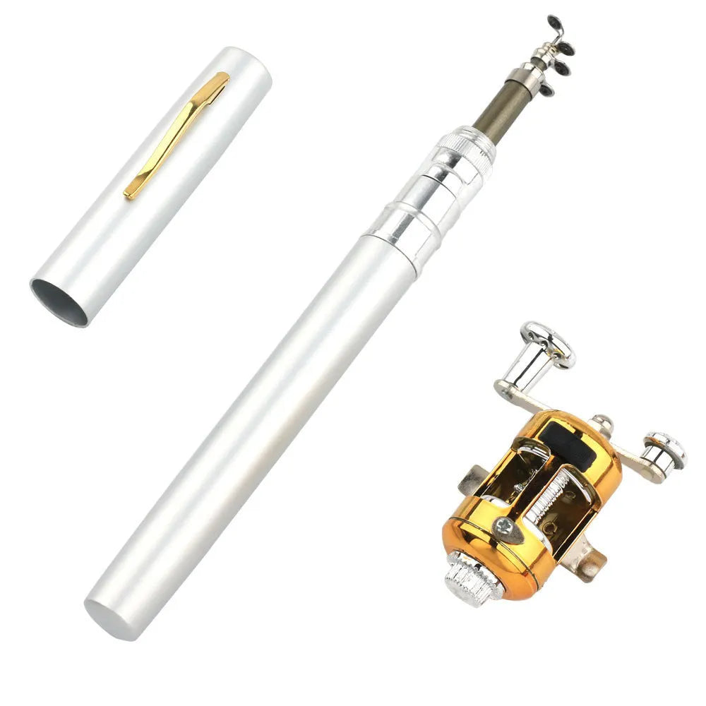 Telescopic pocket fishing rod and reel kit showing extended 1m rod and compact aluminium storage case