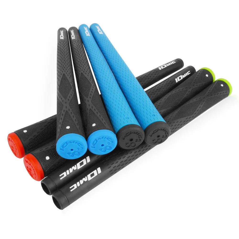 TPE non-slip golf grip in assorted colours including pink, red, blue, white, and black combinations.