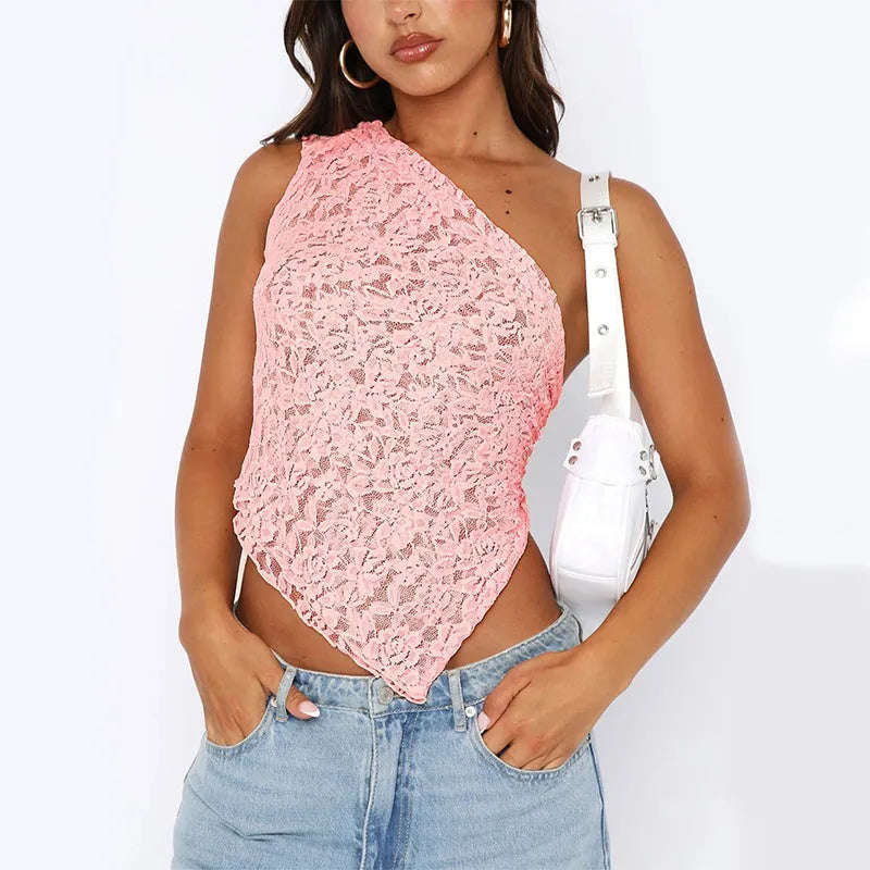 Women's sleeveless lace backless vest top with asymmetrical neckline in slim fit streetwear design