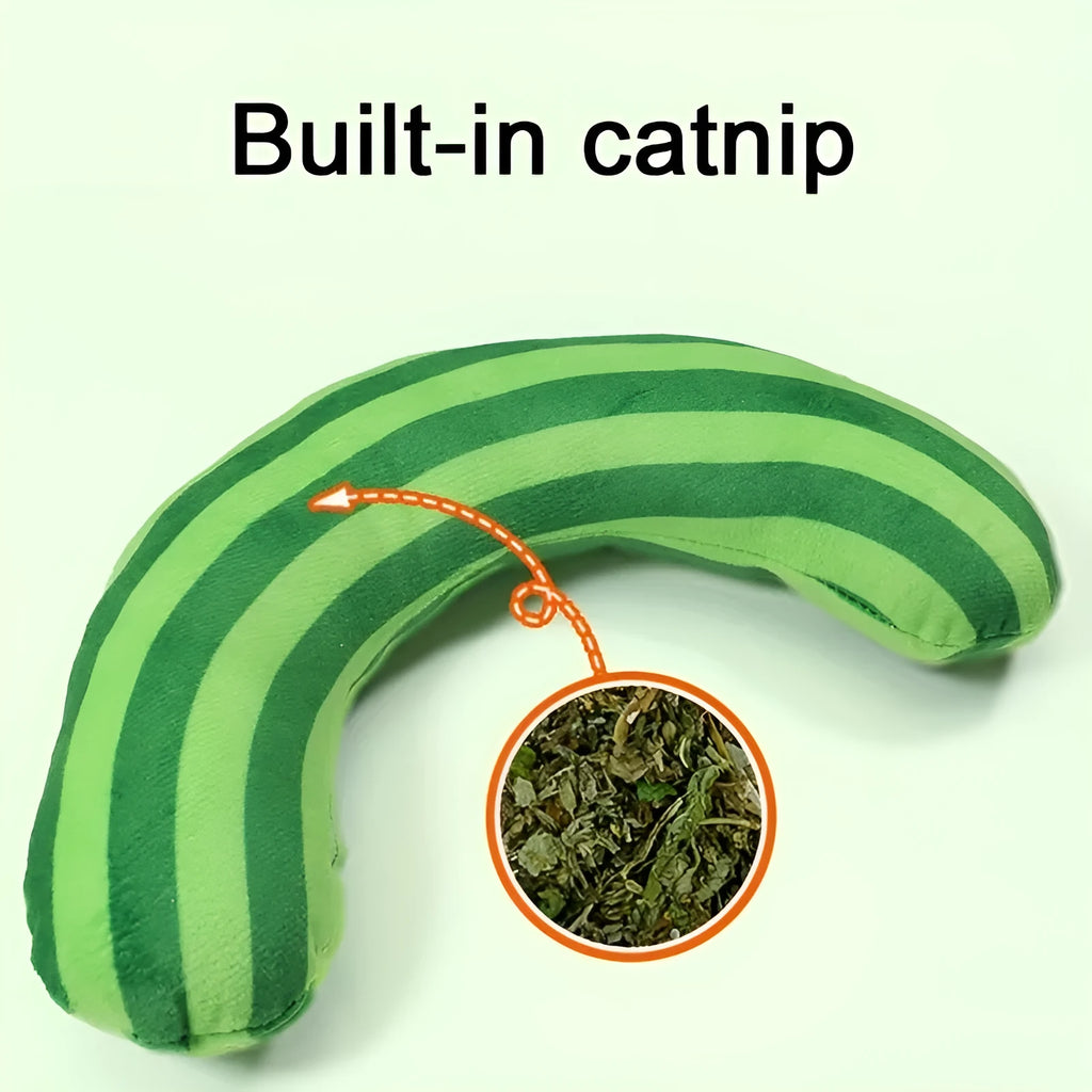 Green, rainbow, and yellow cat toy set with noise maker, catnip strip, and striped plush pillow.