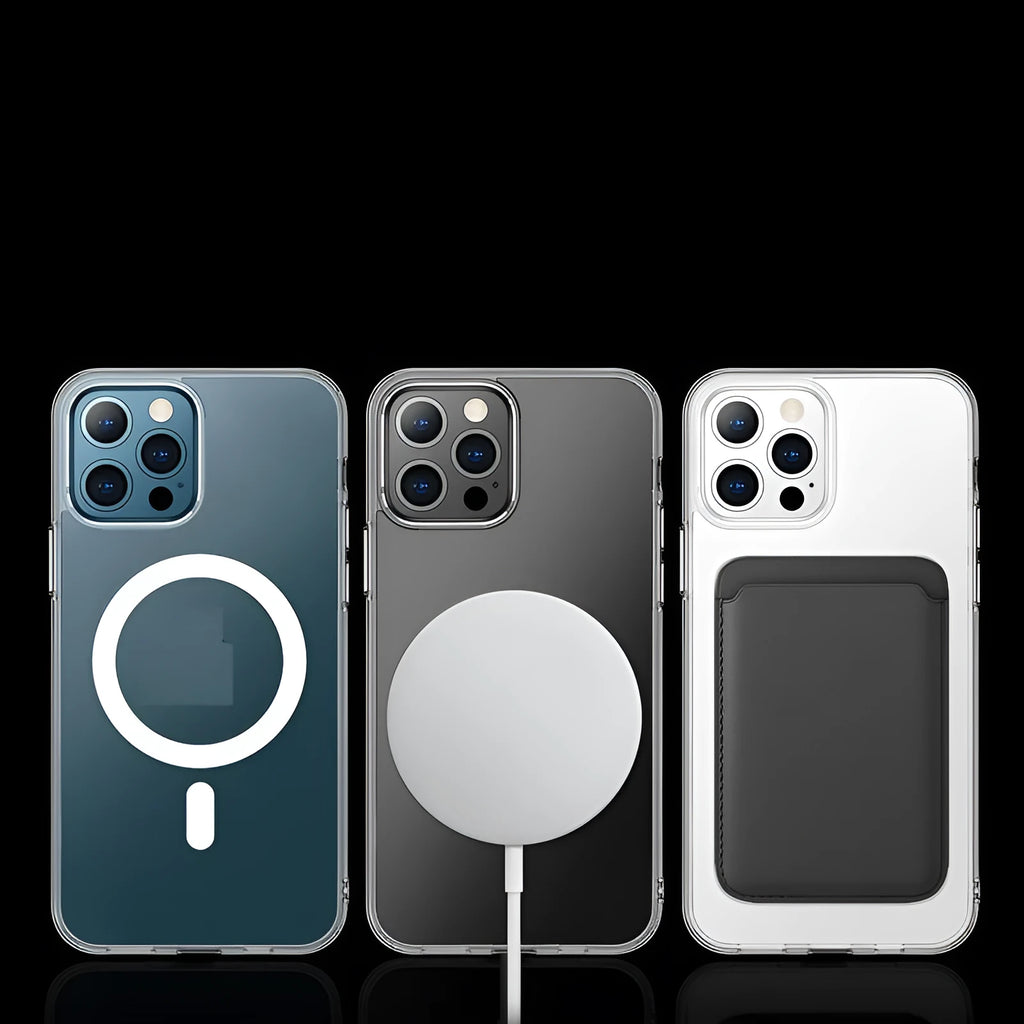Transparent magnetic iPhone case showing MagSafe compatibility and clear polycarbonate back