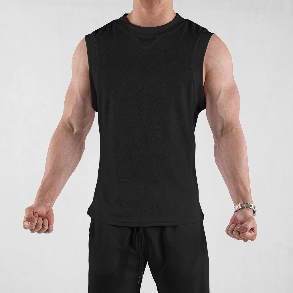 Men's loose fit polyester fitness vest in black colour showing quick-dry sportswear design