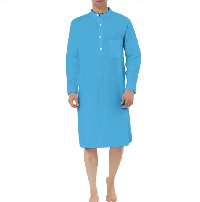 Men's button-front cotton shirt robe in light blue with side pockets on a hanger.