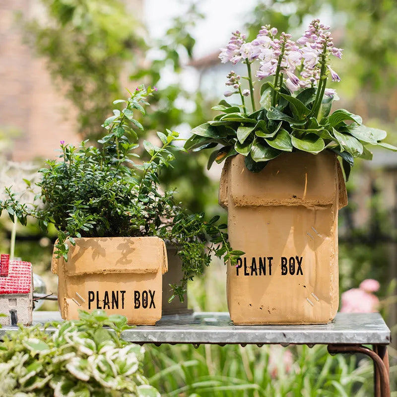 Cement brown paper box design flowerpot with drainage holes for indoor balcony planting