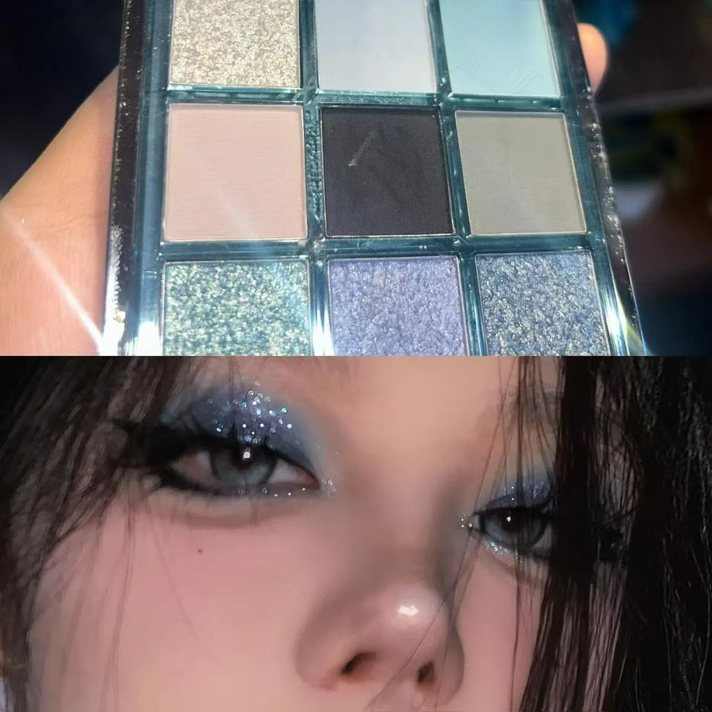 MUGELEEN nine-colour eye shadow palette showing low saturation shades with matte and shimmer finishes