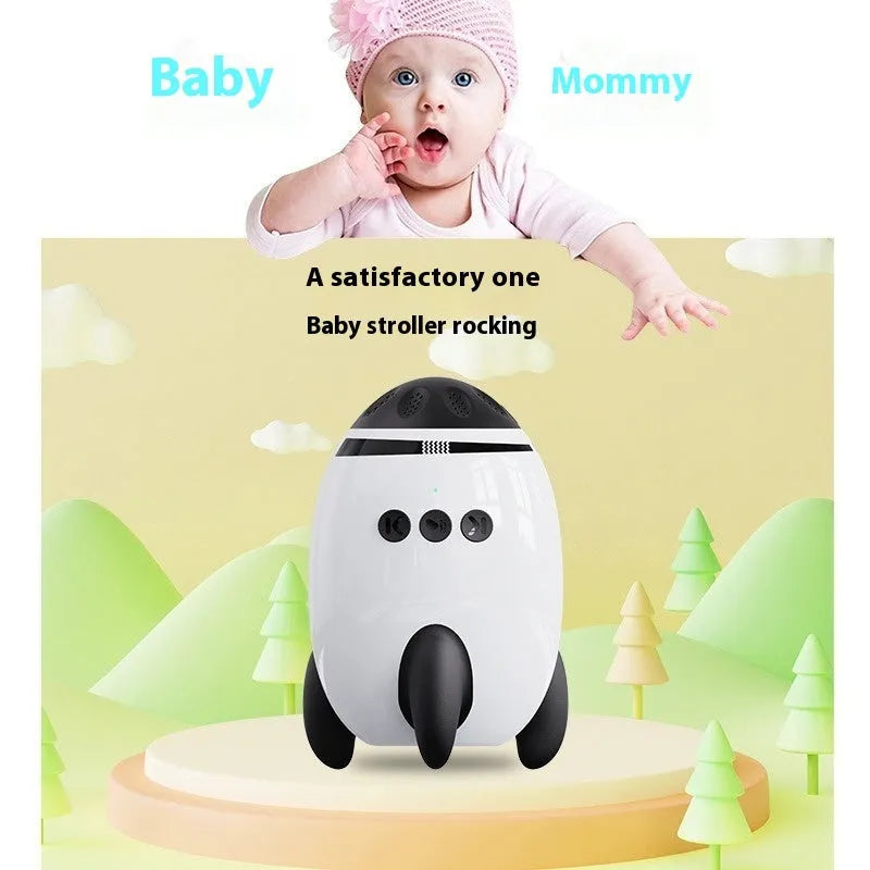 White portable baby sleep comforter with automatic shaking and Bluetooth connectivity, shown next to a stroller.