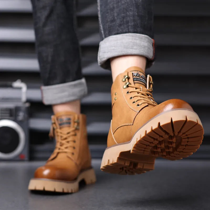 Men's brown high-top leather boots with side zipper and mid heel