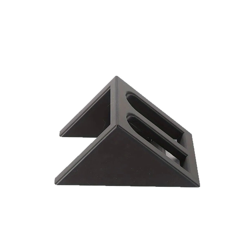 Black plastic pistol display stand for toy guns and cosplay accessories.