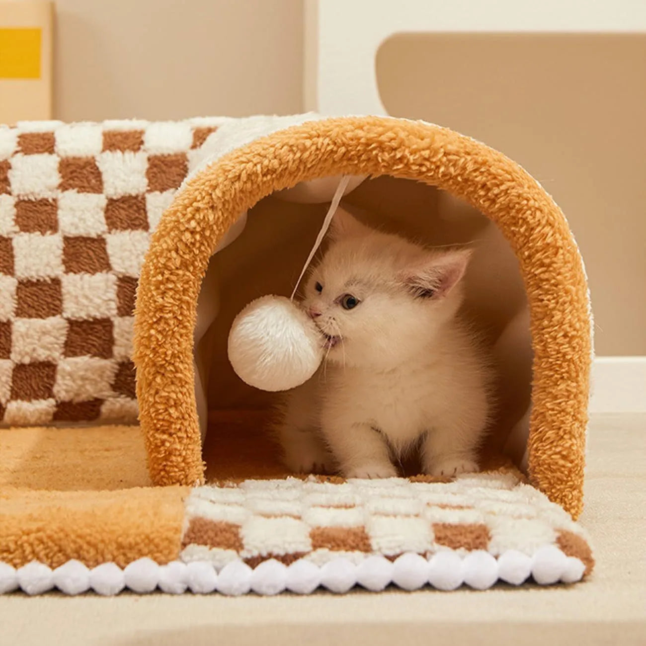 Fan-shaped plaid pet bed with attached tunnel for dogs and cats, coffee colour option