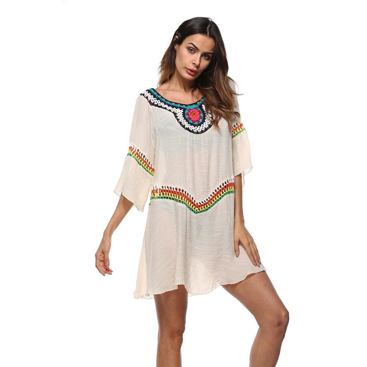 Women's crocheted ethnic style sun protection clothing beachwear in apricot colour