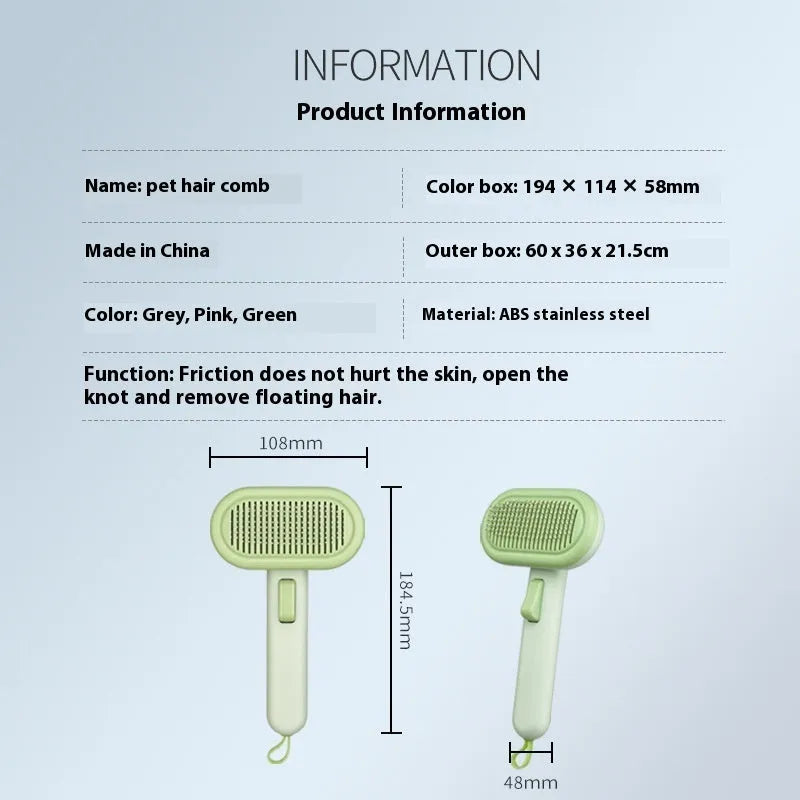 Large pet hair removal comb with stainless steel blades in light green, pink, or light grey colour options