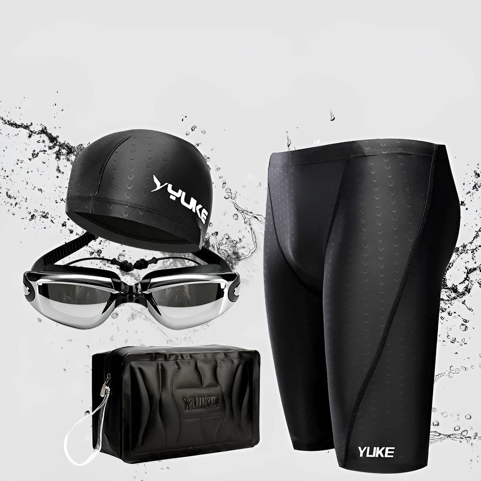 Men's black swimming set with trunks, anti-fog goggles, waterproof cap, ear plugs with nose clip, and storage bag