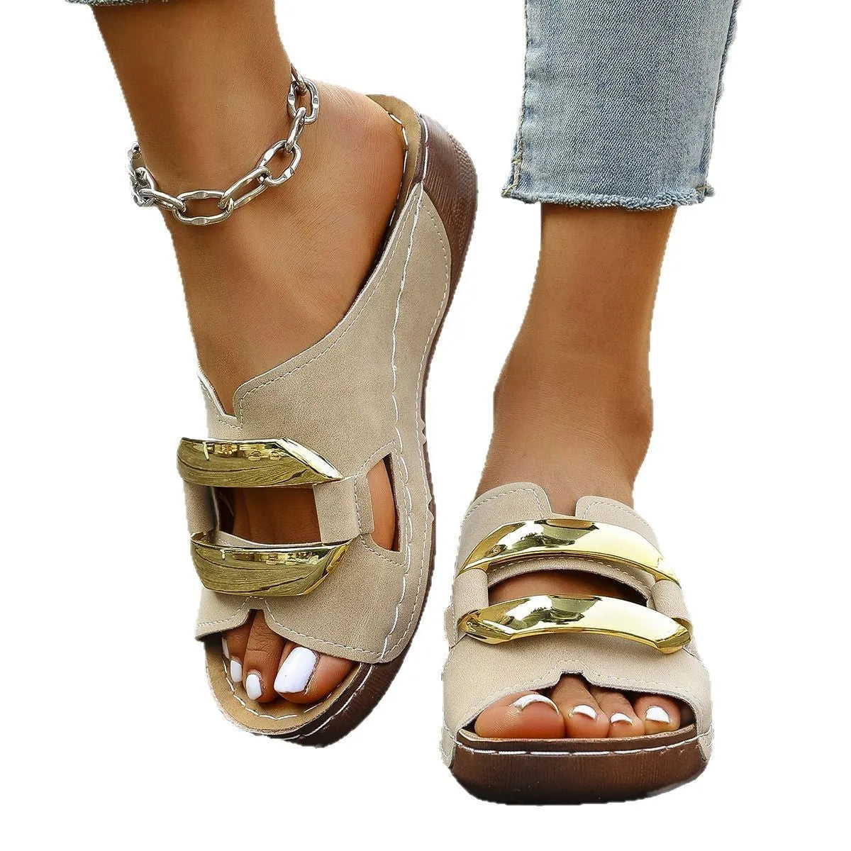 Roman style platform flip-flops in solid colour with metal decorative elements and rubber sole