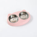 Blue plastic dual-bowl pet food and water feeder tray for cats and dogs