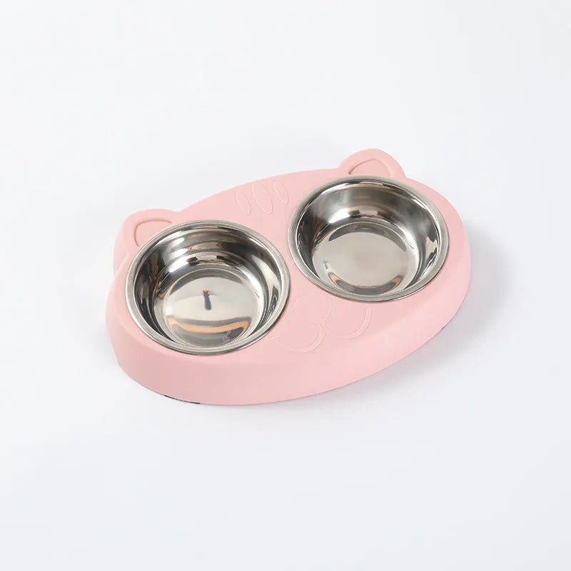 Blue plastic dual-bowl pet food and water feeder tray for cats and dogs