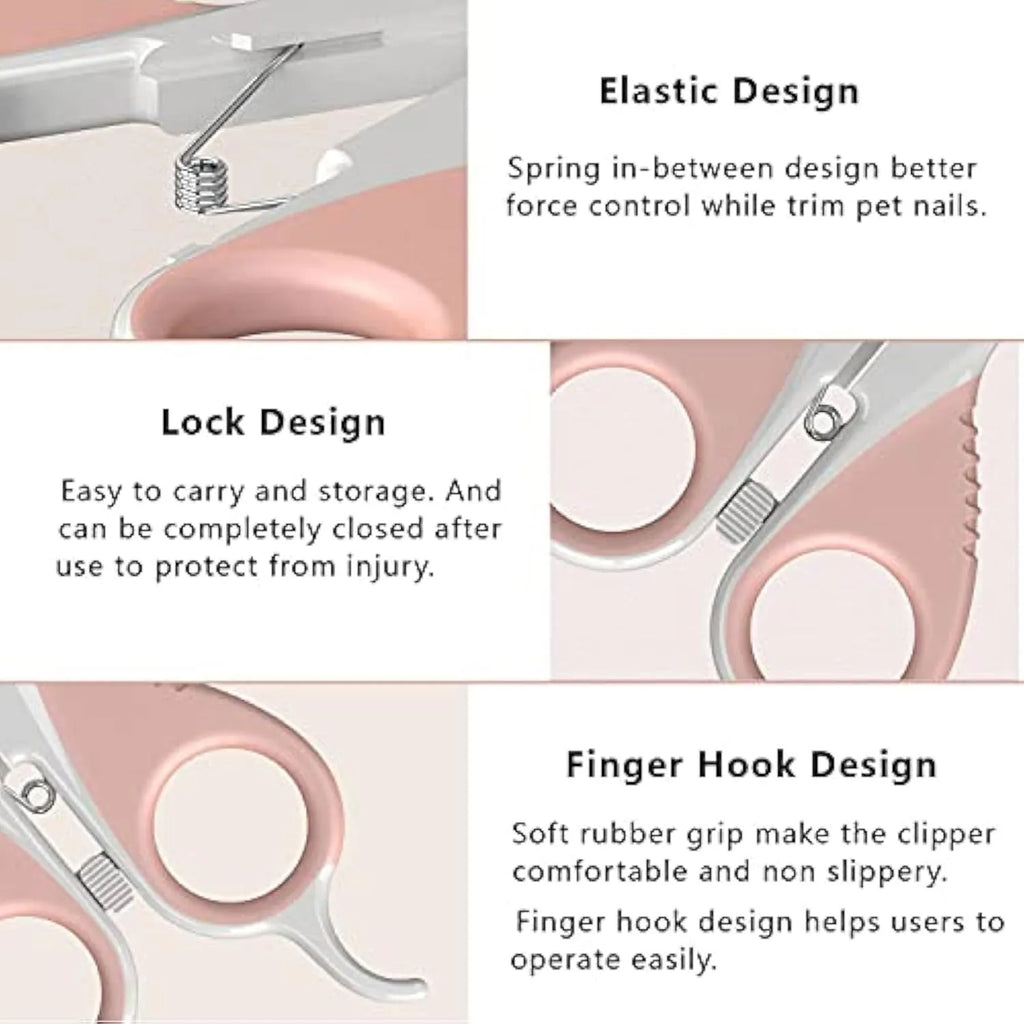Grey and pink handled cat nail clippers with angled stainless steel blade and safety lock.