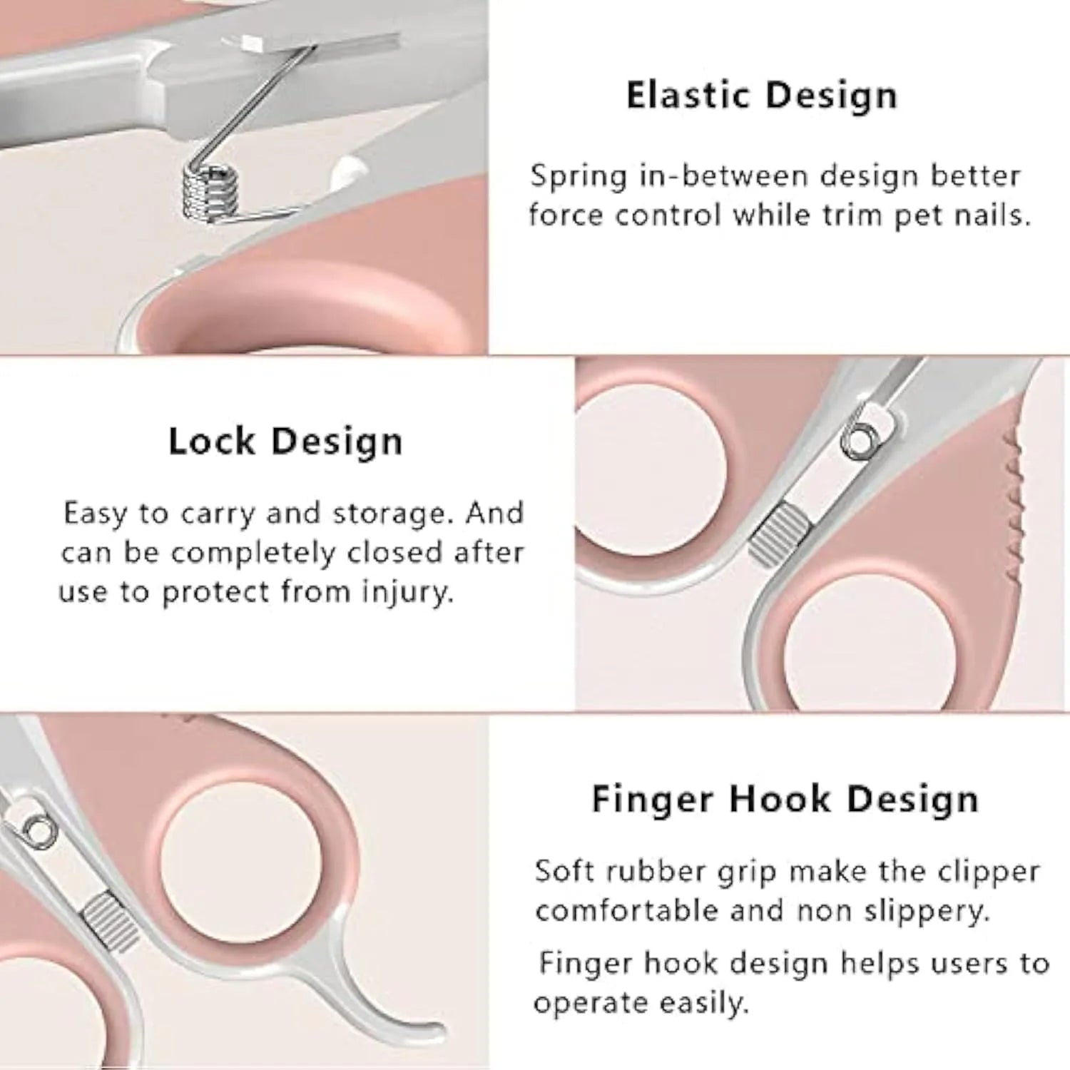 Grey and pink handled cat nail clippers with angled stainless steel blade and safety lock.