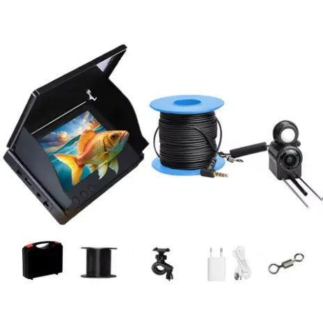 Fish finder underwater camera system with 4.3-inch display screen, camera unit, and cable on a blue background.
