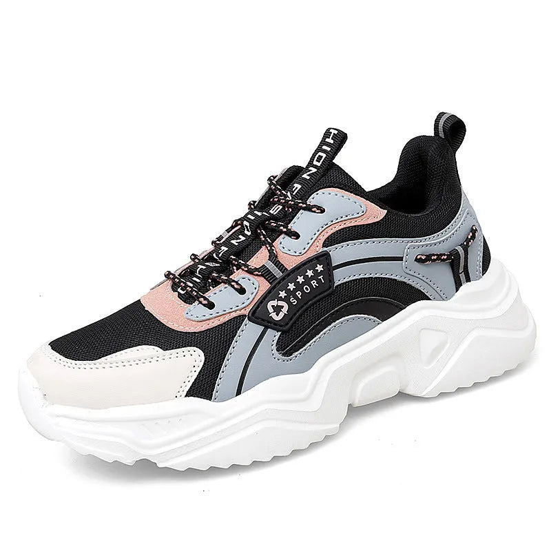 White women's casual sports shoes with mesh upper, thick PU sole, and lace closure.