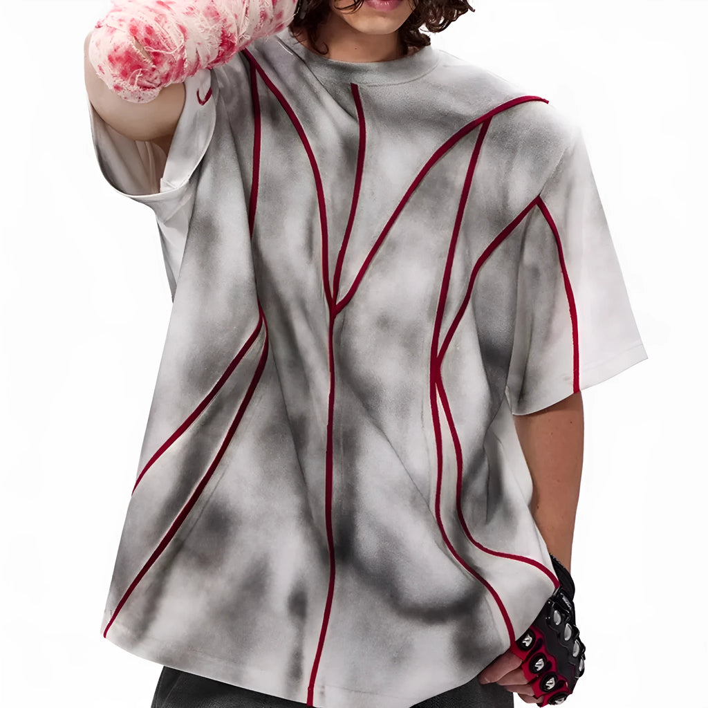 Women's light grey T-shirt with padded shoulders and textured white line patchwork detail on the front.