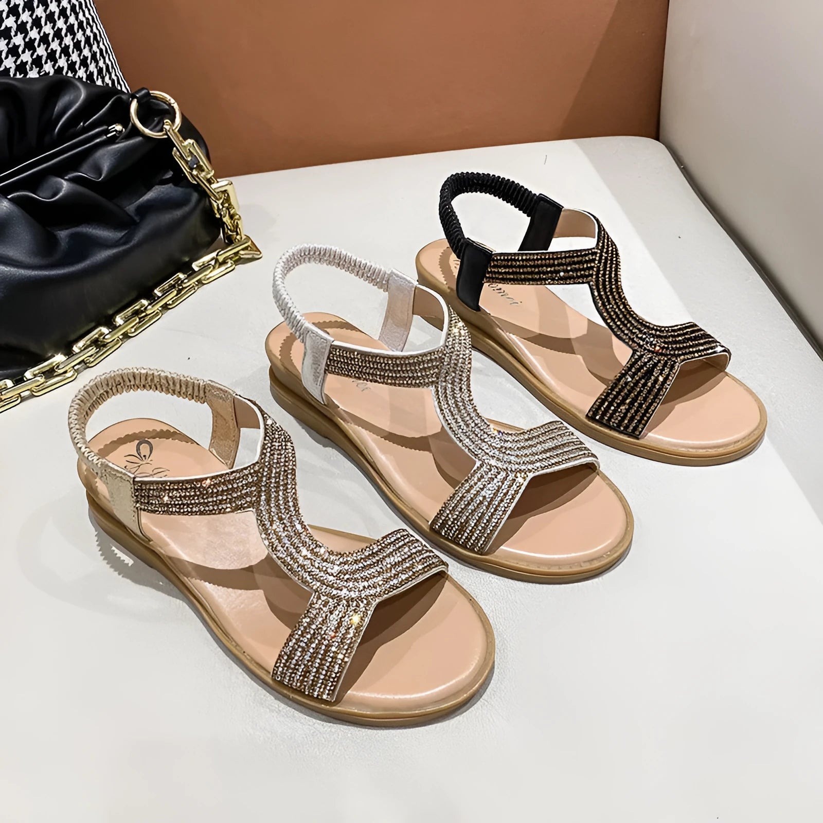 Women's patent leather beach sandals with rhinestone detailing in gold colour option
