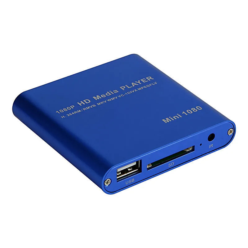 Compact blue or black 1080P media player with HDMI USB ports and all metal casing