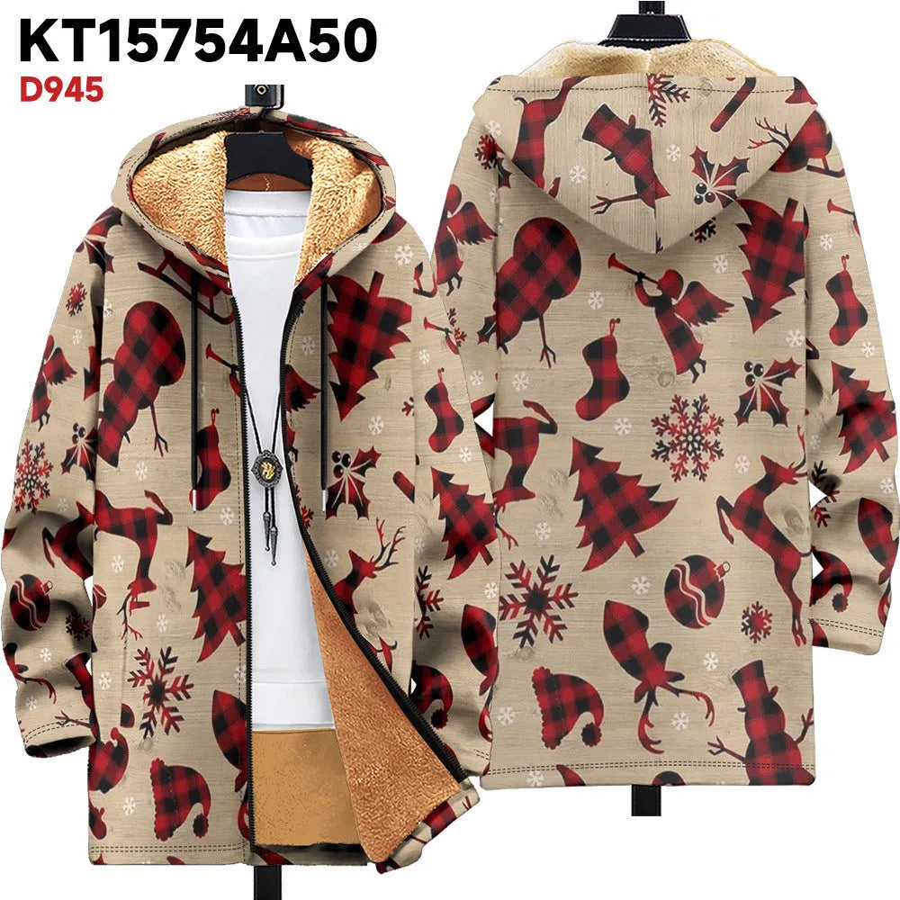 Man wearing a multicolour patterned zip-up hooded cardigan in a loose casual fit.