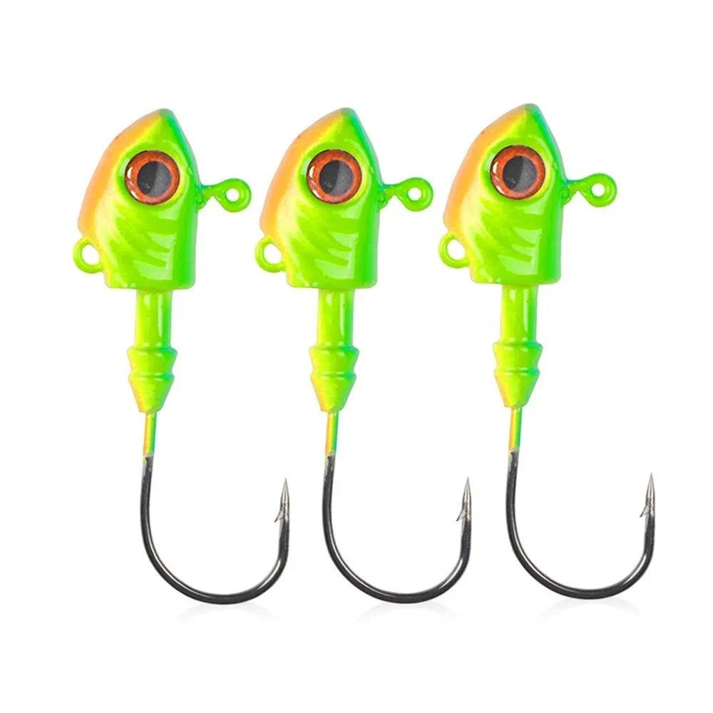Simulated Yayu shaped lead head fishing hooks in blue, silver, and yellow, showing various weights from 3.5g to 28g.