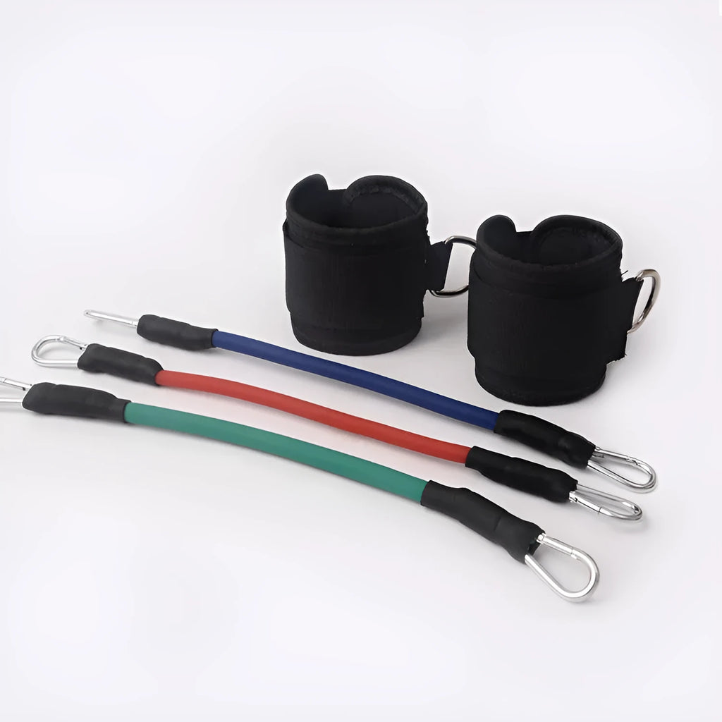 Black taekwondo leg training pull rope set with handles for explosive force development.