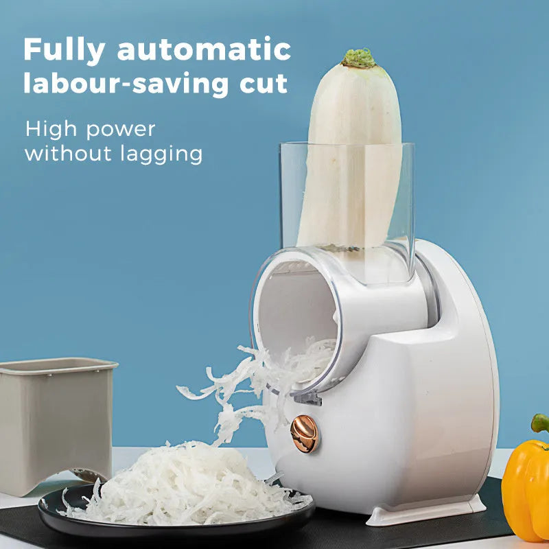 White electric vegetable slicer with rotary grater, suction base, and interchangeable blades