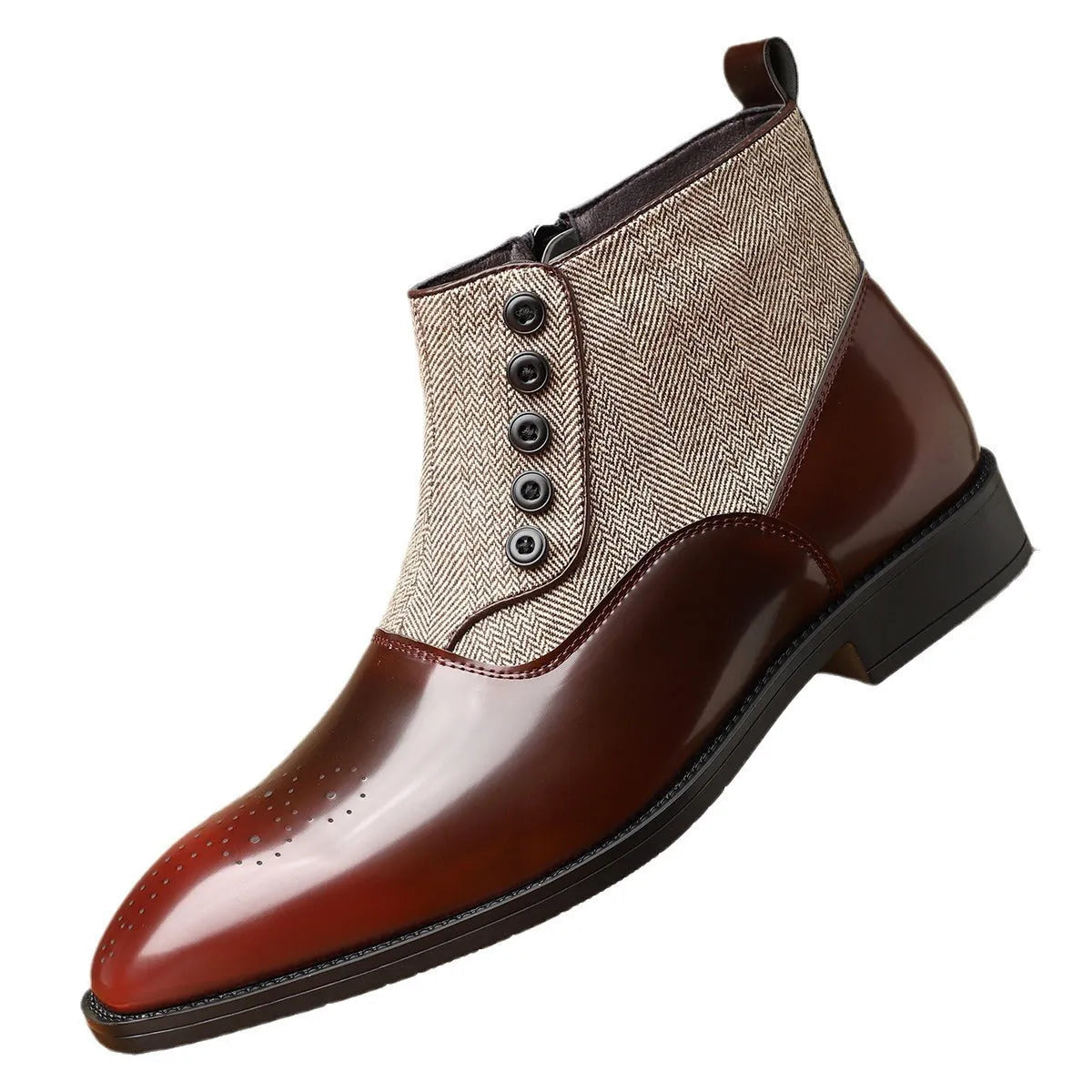 Men's brown retro-style formal shoes with side zipper and square toe