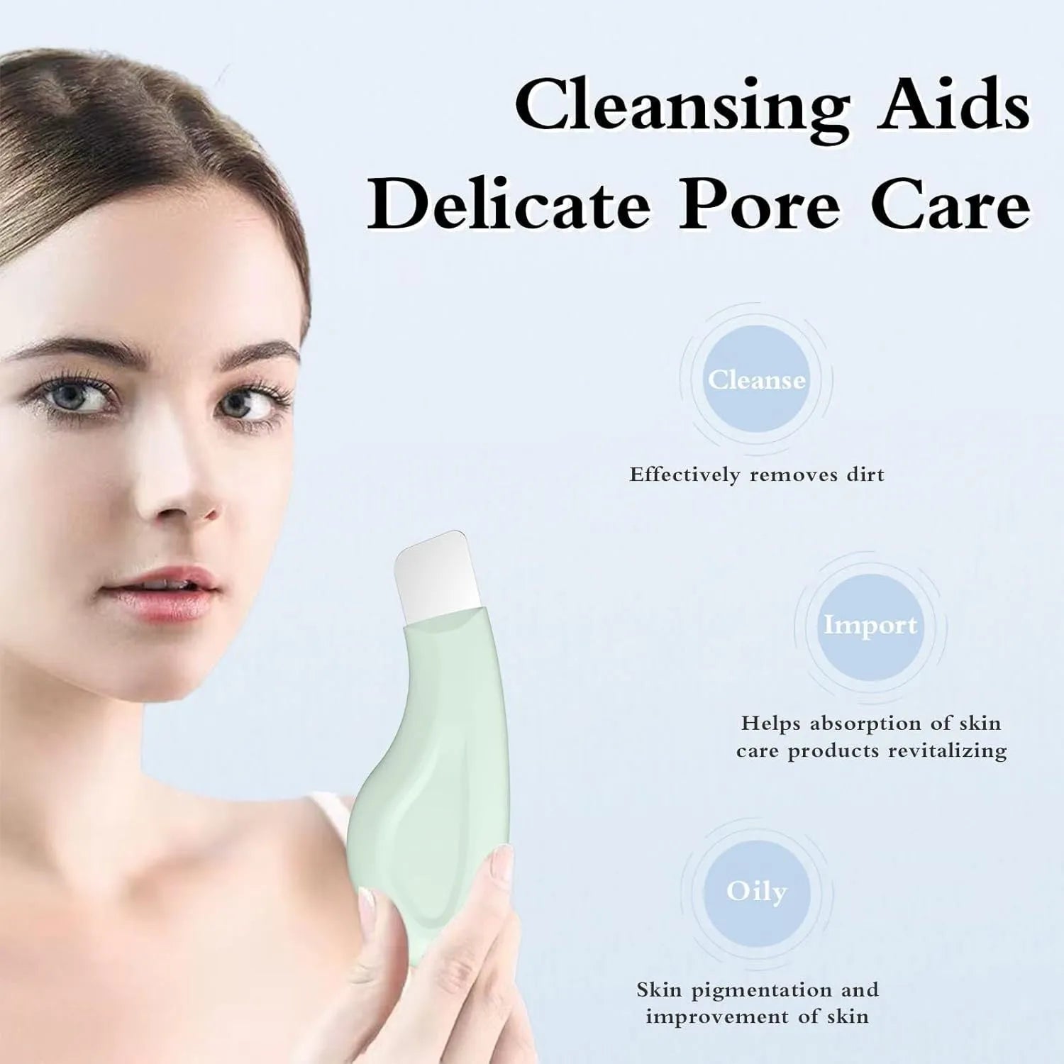 Stainless steel blackhead scraper tool with a non-slip handle for facial pore cleaning.